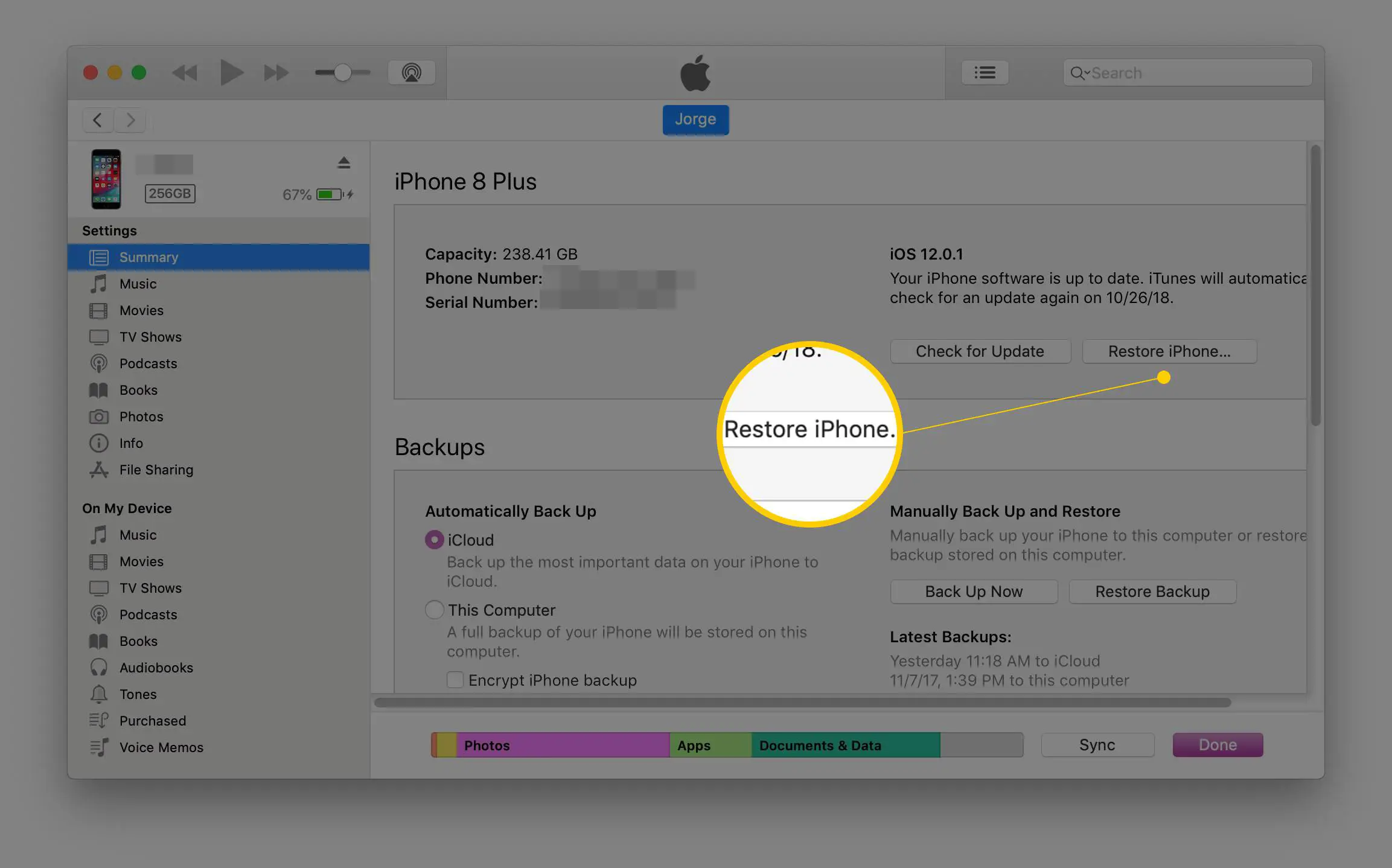 Restaurar botão do iPhone no iTunes para macOS