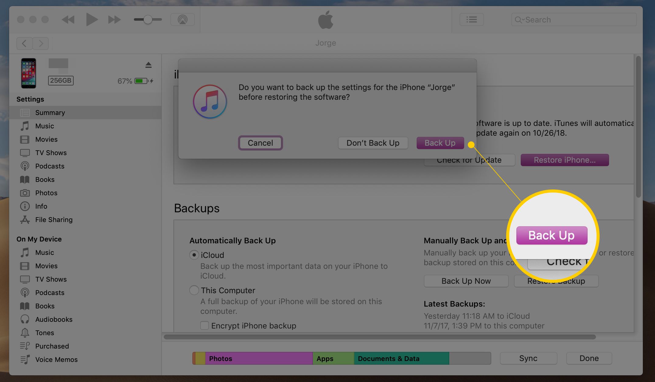 Botão de backup no iTunes para macOS