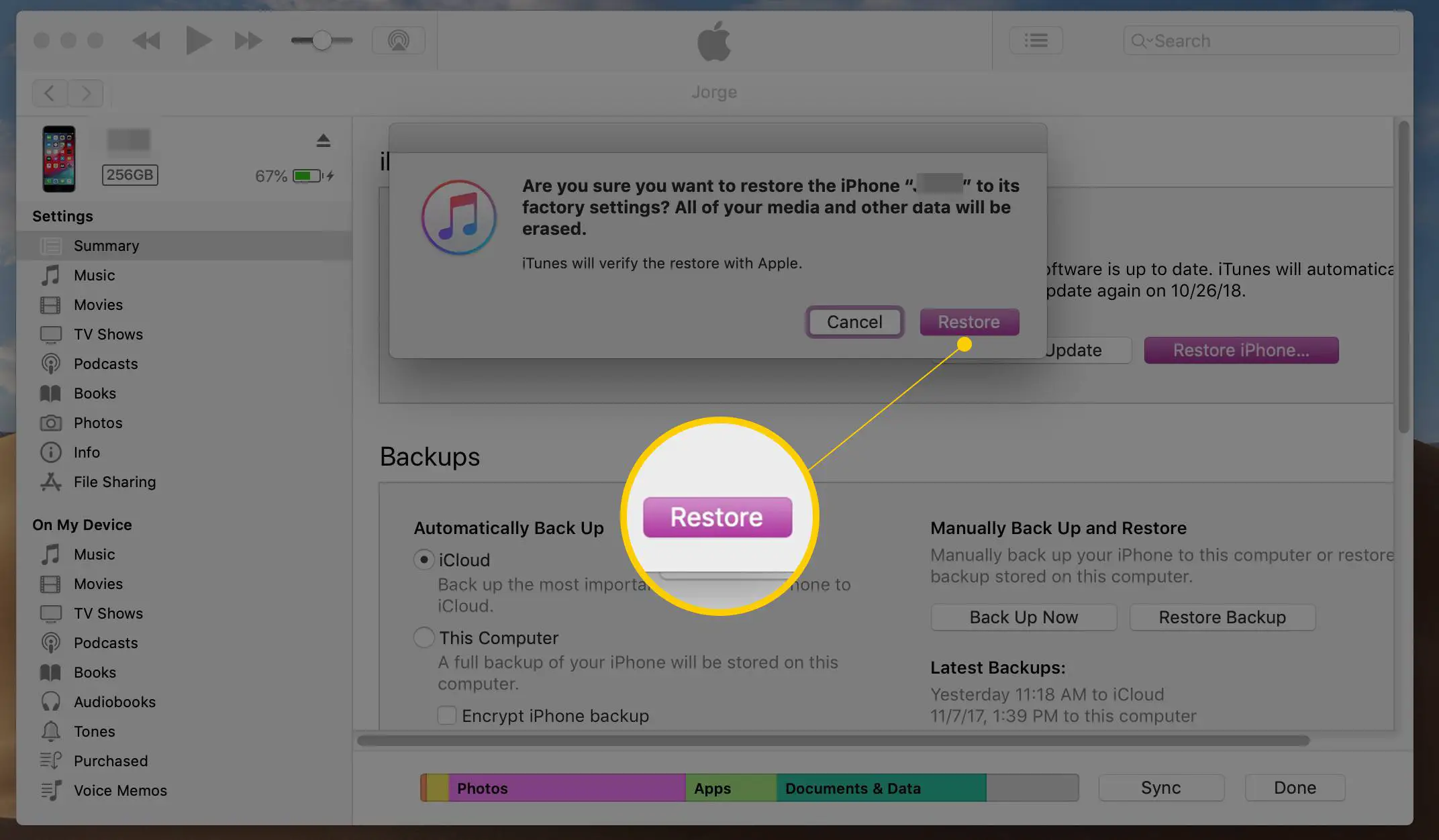 Botão de confirmação de restauração no iTunes para macOS