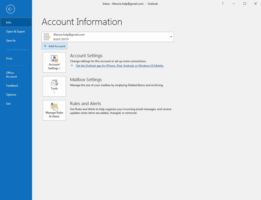 Tela de informações da conta do Outlook 2016 com o botão Adicionar conta