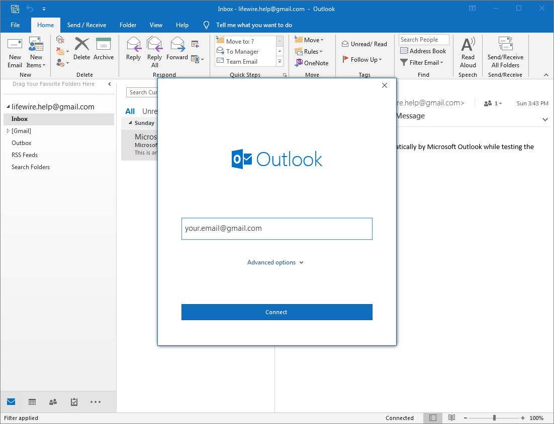 Outlook 2016 adicionar tela de conta com campo de e-mail