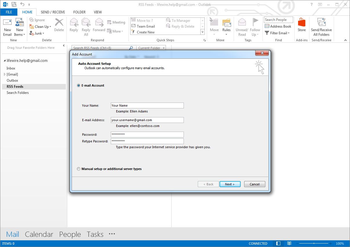 Tela de configuração automática da conta do Outlook 2013
