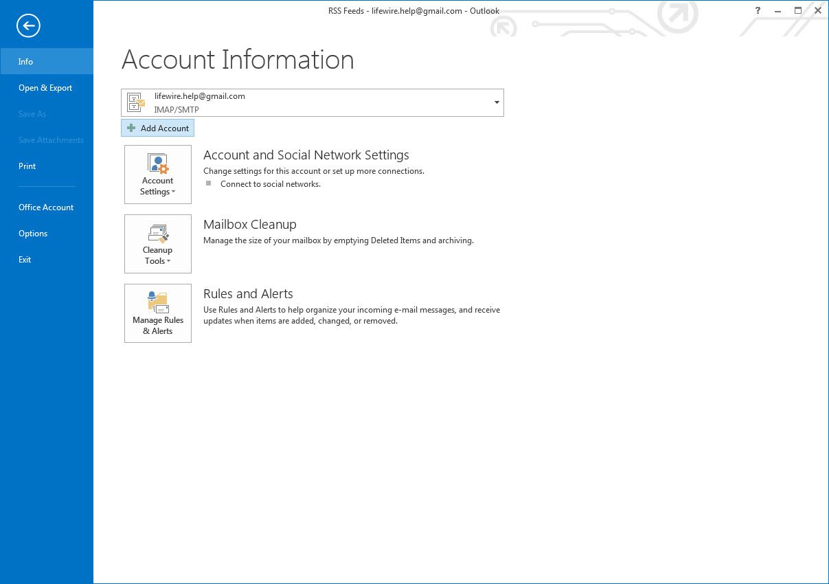 Tela de informações da conta do Outlook 2013 e botão Adicionar conta