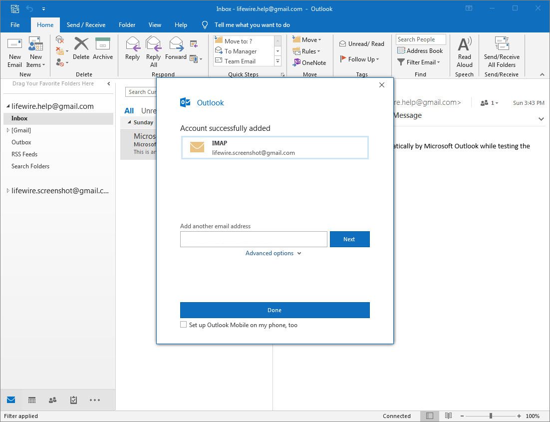 Tela da conta do Outlook 2016 adicionada com sucesso