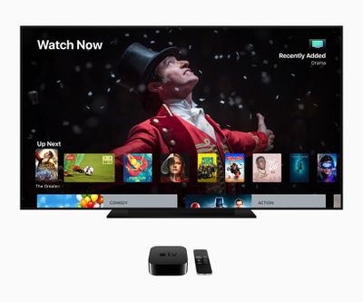 Apple TV sendo exibido em uma televisão de tela grande.