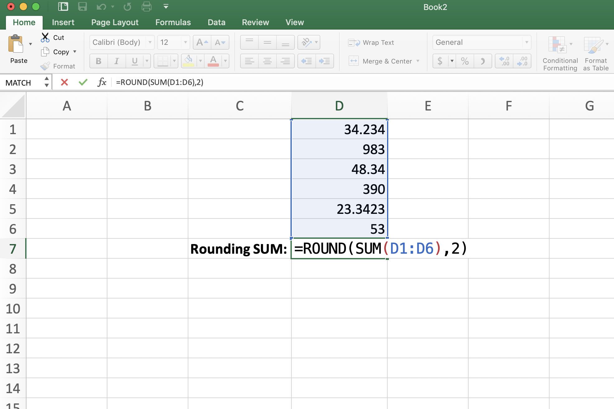 Captura de tela do Excel mostrando arredondamento aninhado SUM