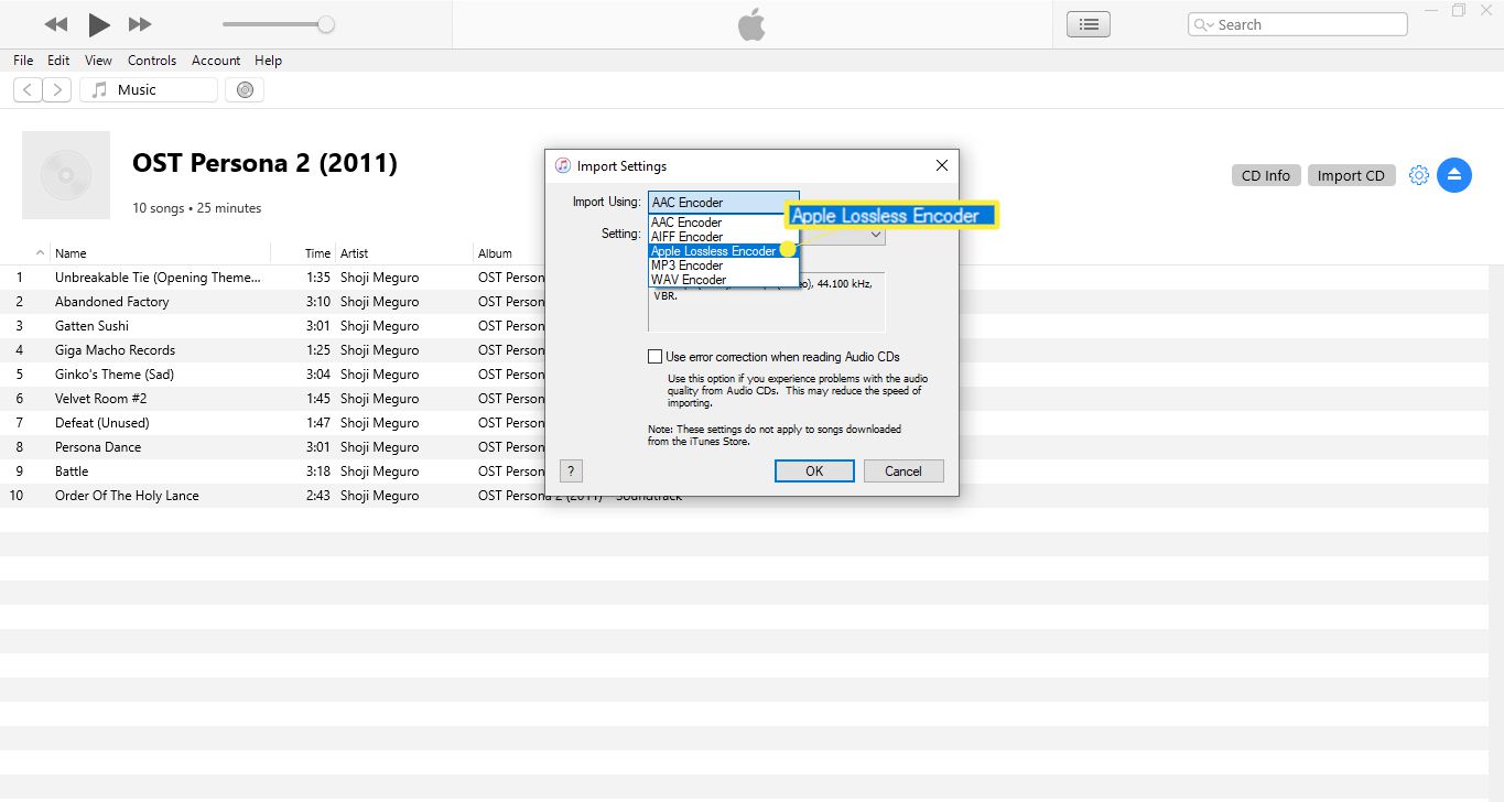 Selecione o menu suspenso Importar usando e escolha Codificador Apple Lossless.