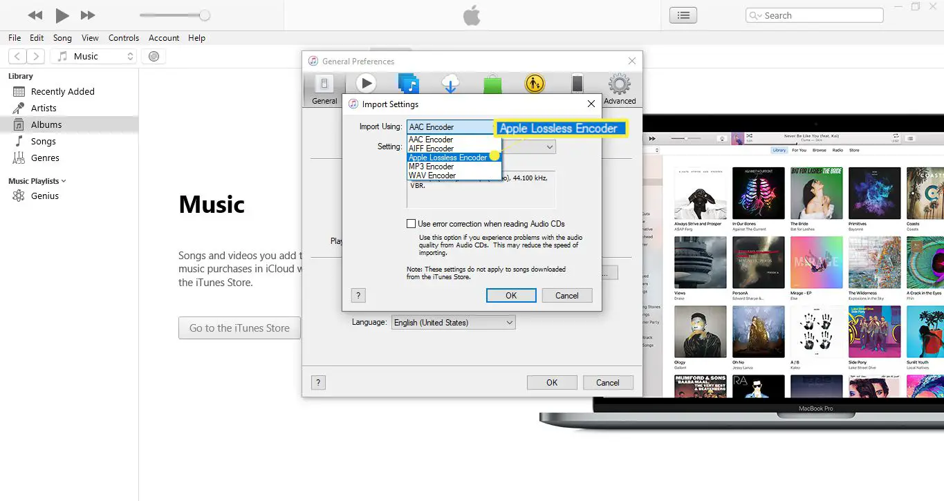 Selecione o menu suspenso Importar usando e escolha Codificador Apple Lossless.