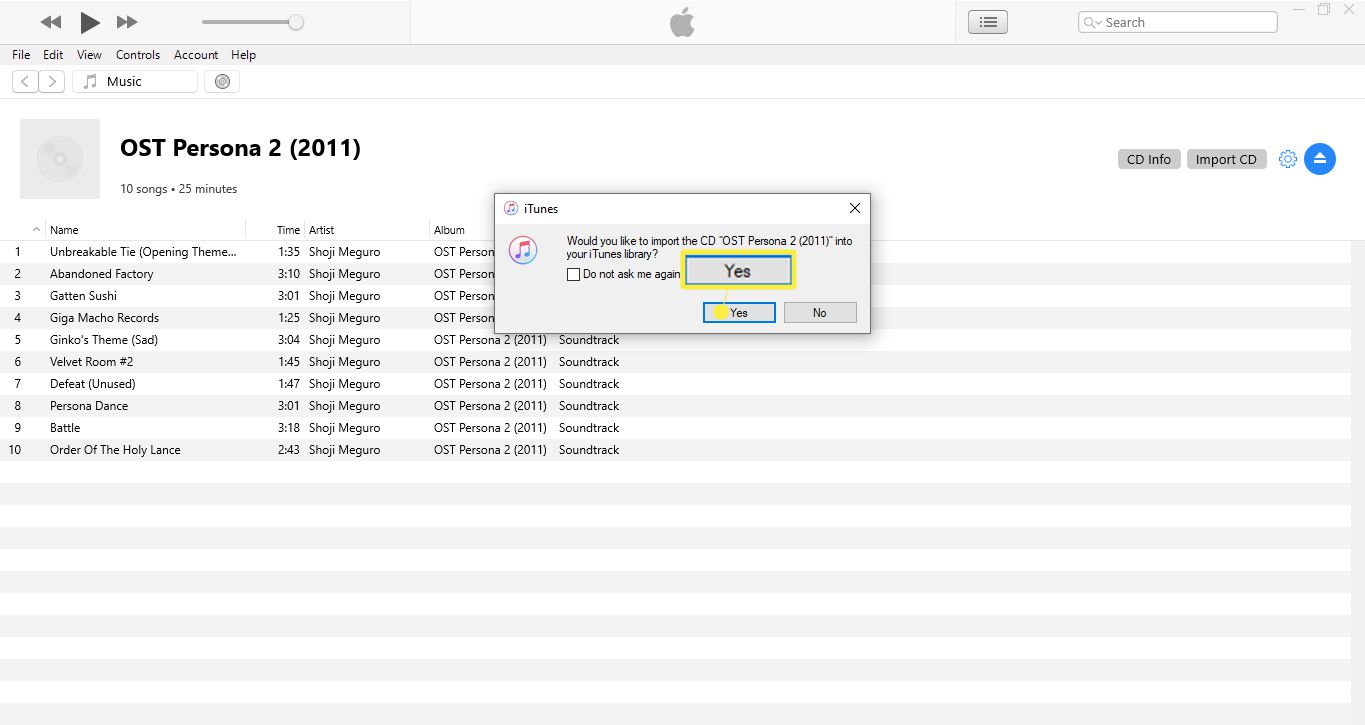 Se o iTunes perguntar se você deseja importar o disco para a biblioteca do iTunes, selecione Sim para iniciar o processo de extração.