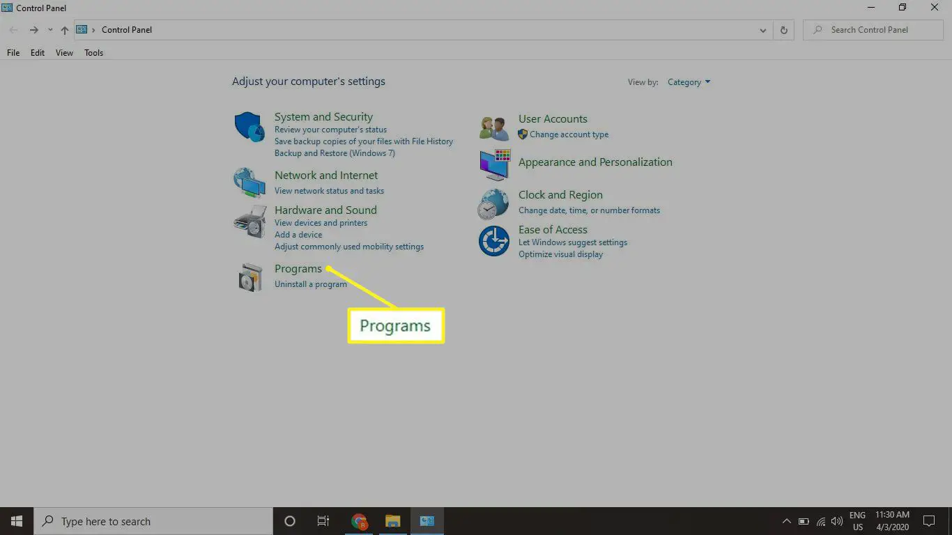 Painel de controle do Windows com programas destacados