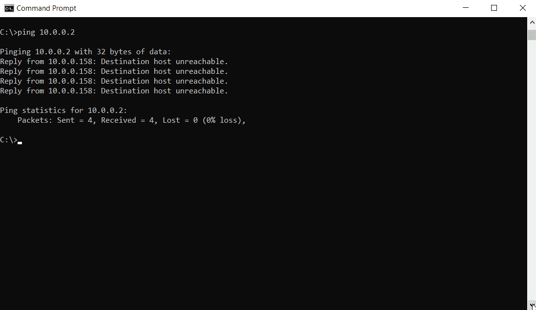 Captura de tela dos resultados de um comando Ping