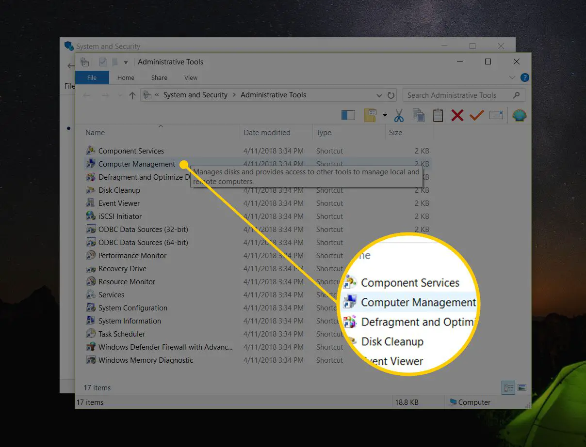 Botão de gerenciamento do computador no painel Ferramentas administrativas do Windows 10
