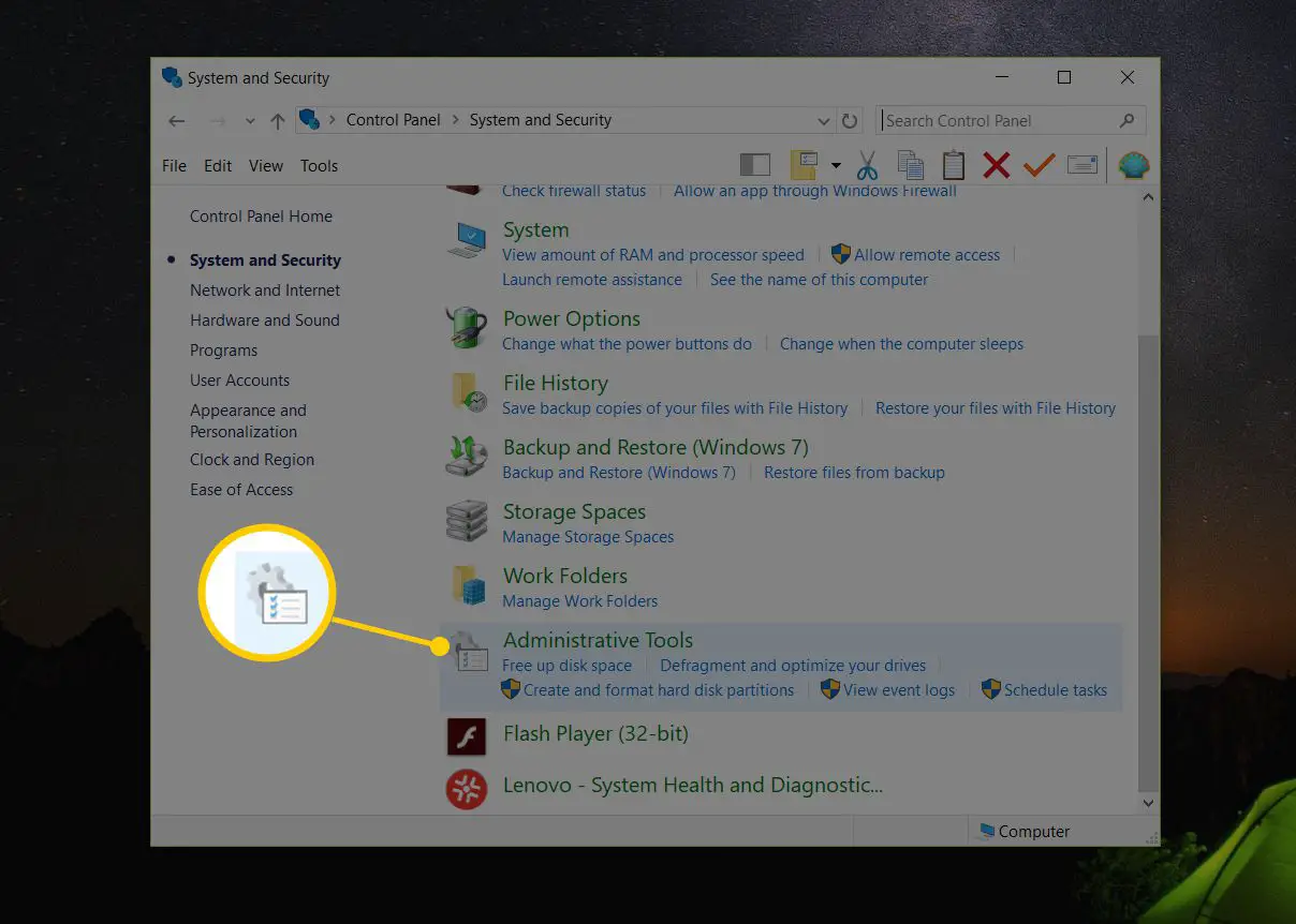 Painel de sistema e segurança mostrando o botão Ferramentas administrativas no Windows 10