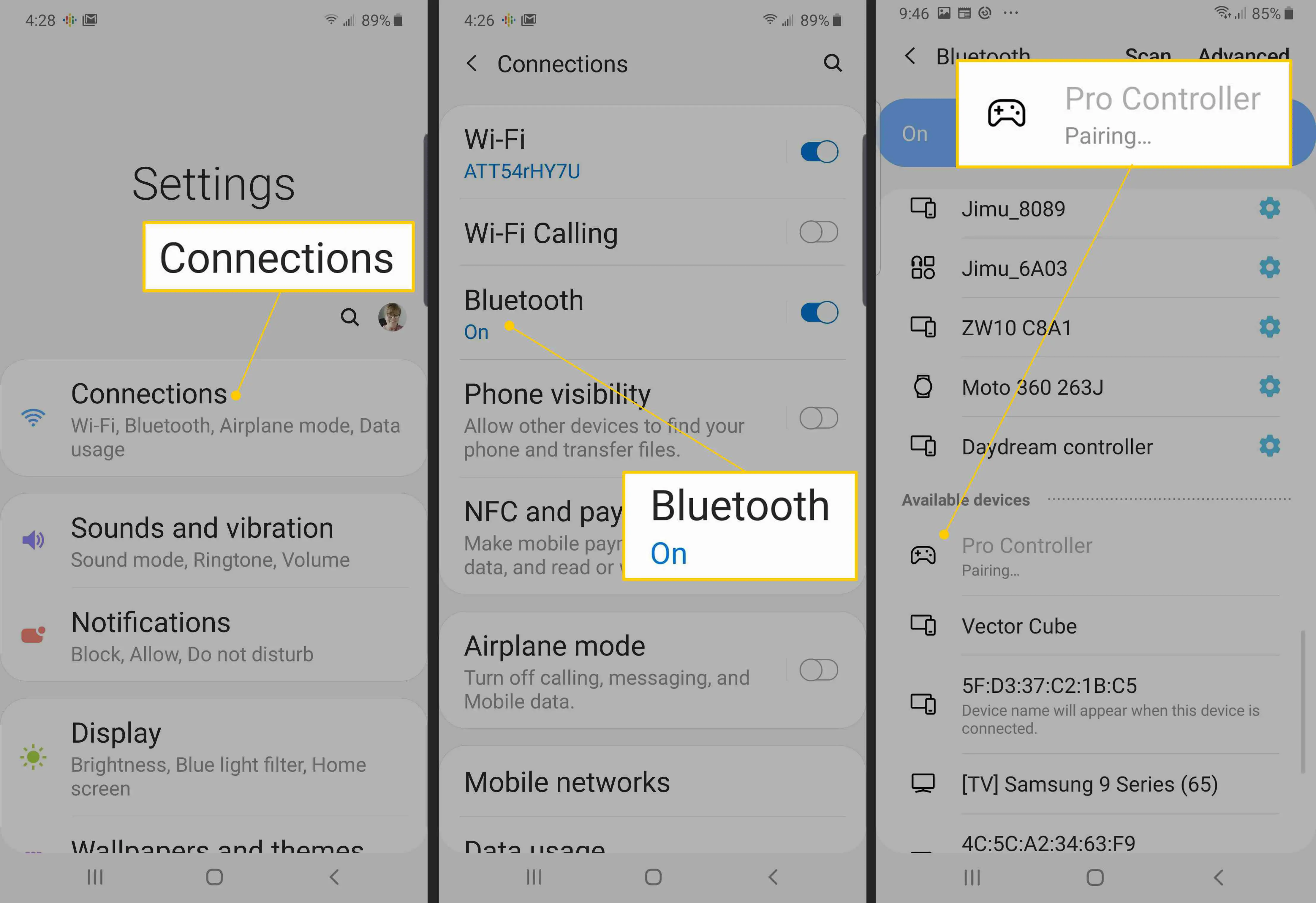 Conexões, Bluetooth, emparelhamento Pro Controller nas configurações do Android