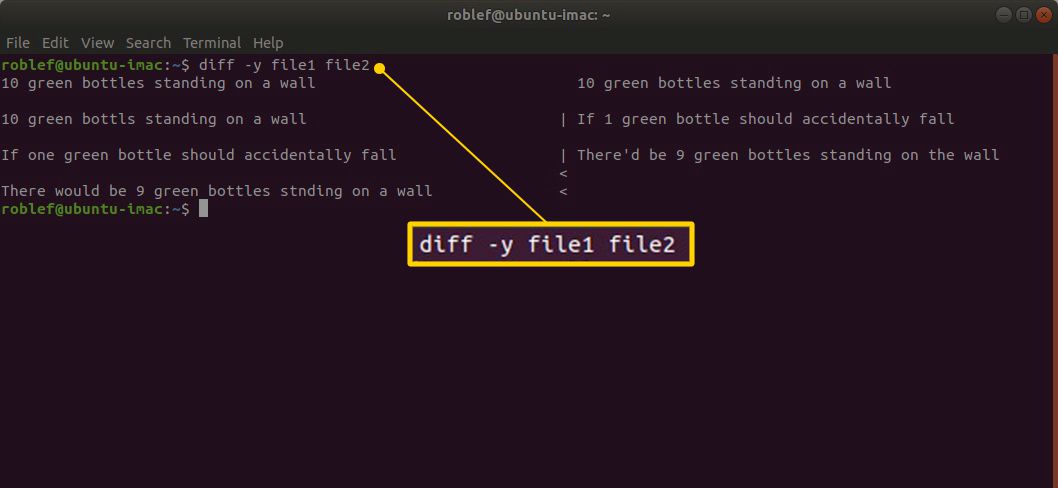 Comando de terminal "diff -y file1 file2" no Linux