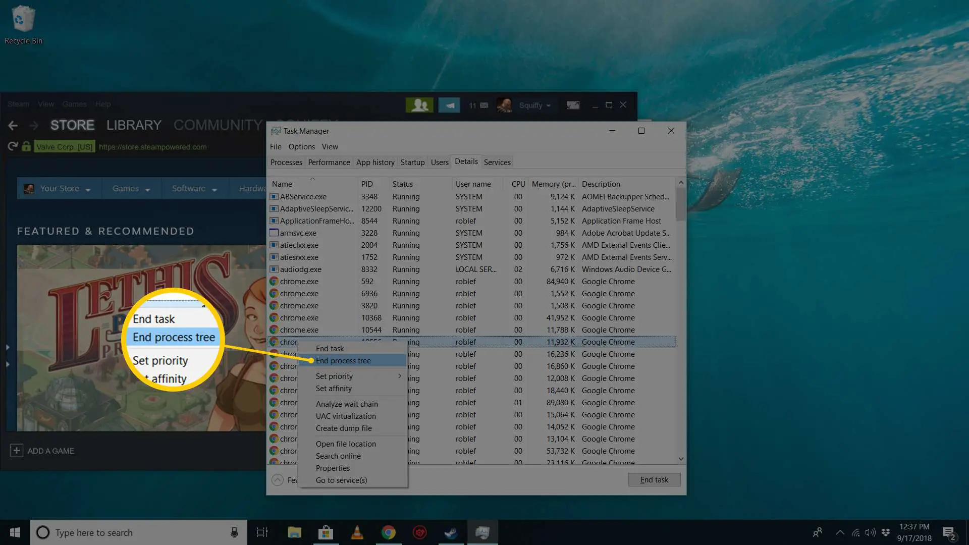 Gerenciador de tarefas no Windows 10 com foco na árvore do processo final ao forçar o encerramento de um aplicativo