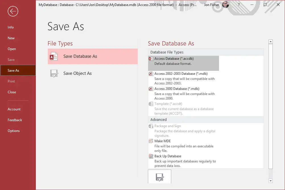 Salvar como tela do Microsoft Access