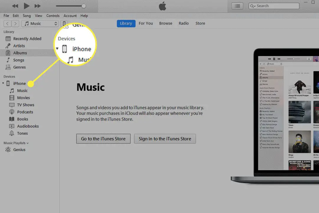 iTunes com um iPhone em Dispositivos