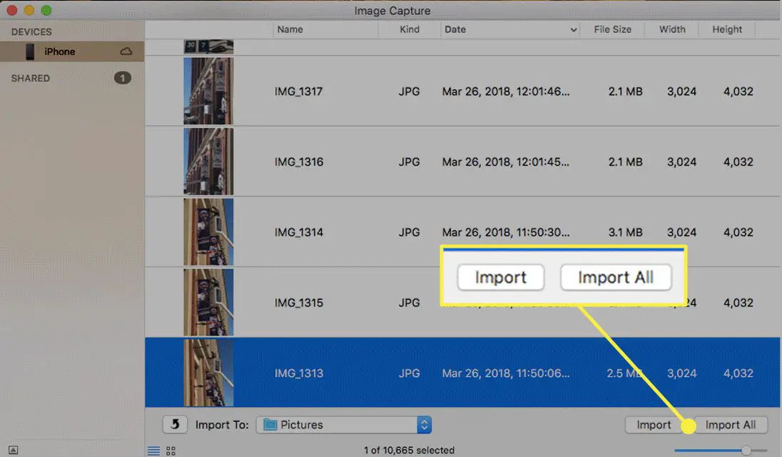 Opções de importação na captura de imagem