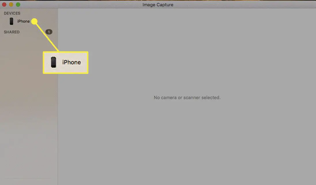 Um iPhone em Dispositivos no aplicativo Image Capture