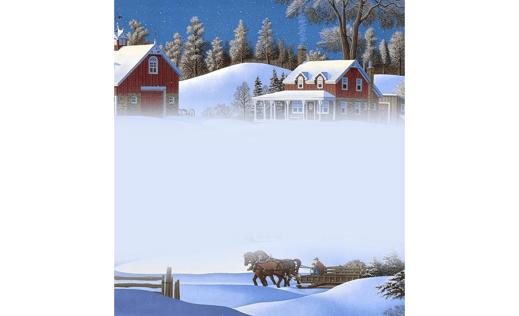 Papel timbrado de e-mail de Natal com uma cena de inverno com cavalos puxando um trenó em um campo nevado de uma casa e um celeiro.