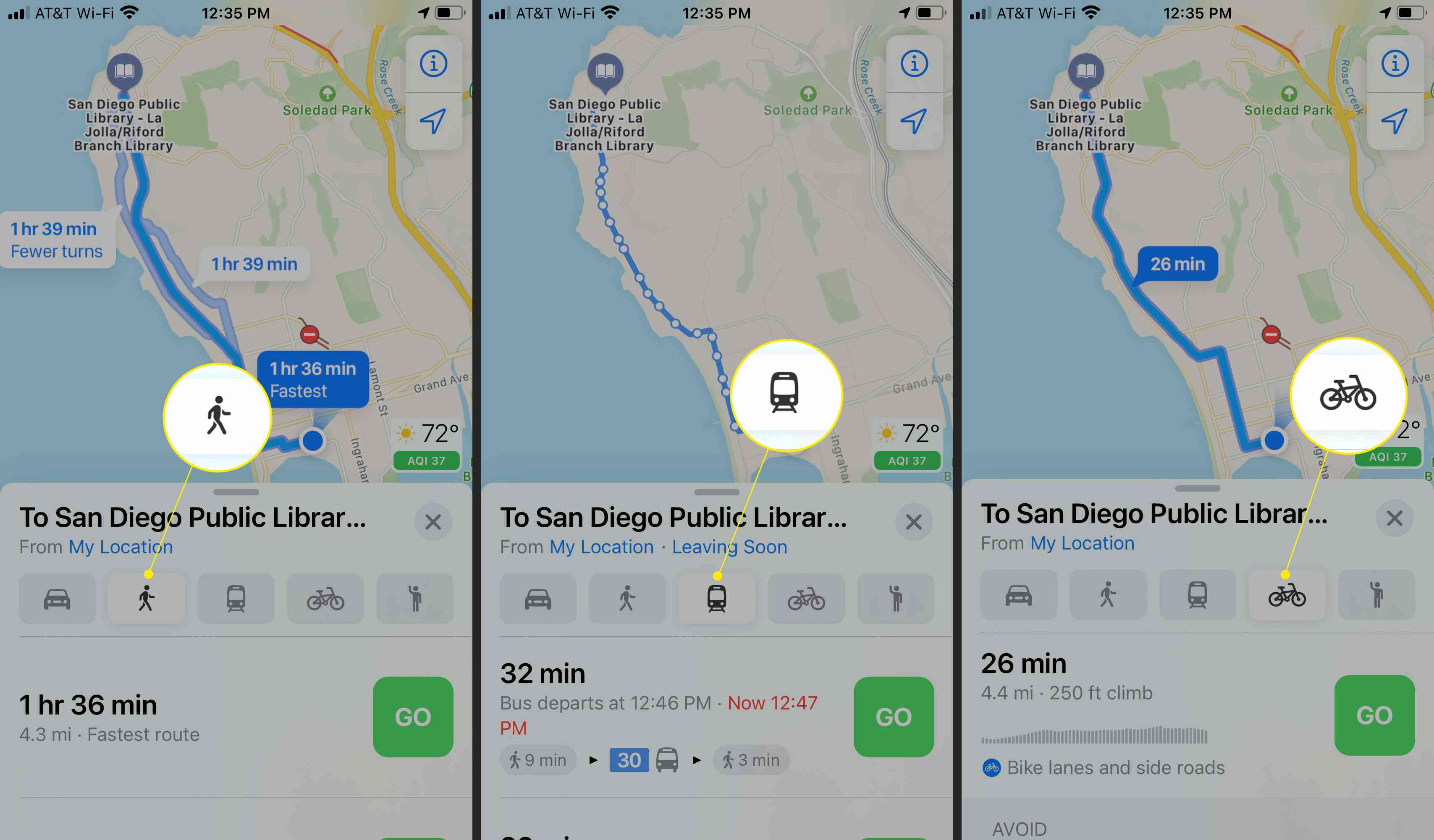 Rotas do Apple Maps com os ícones Caminhada, Trânsito e Bicicleta destacados