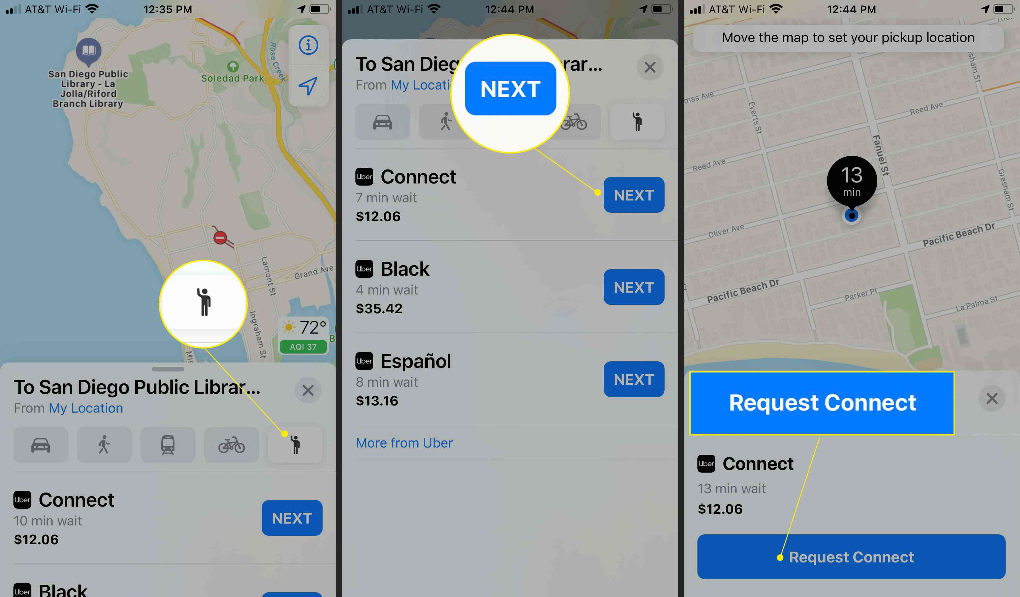 Aplicativo Apple Maps iOS com ícone Rideshare, Next e Request Connect destacados