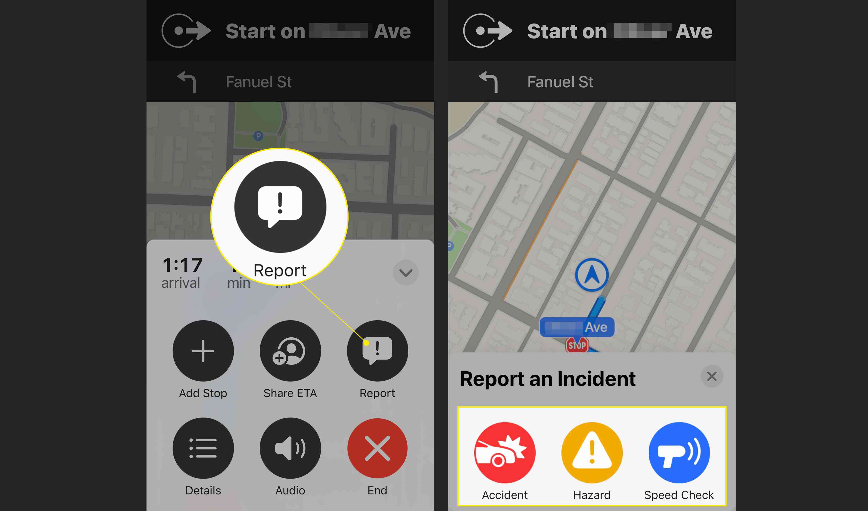Apple Maps com a interface de relatório de incidente destacada