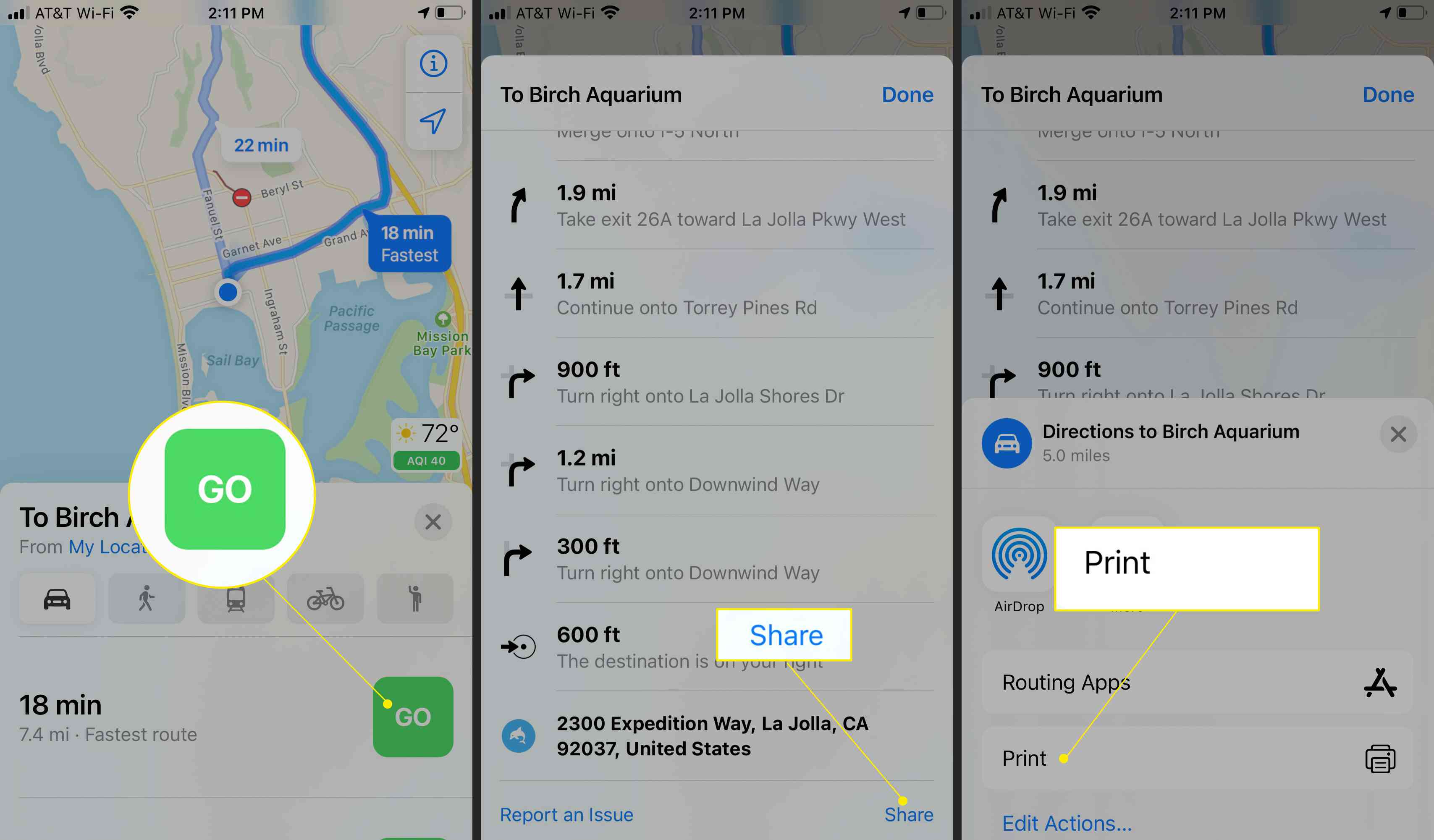 Apple Maps com Go, Share e Print em destaque