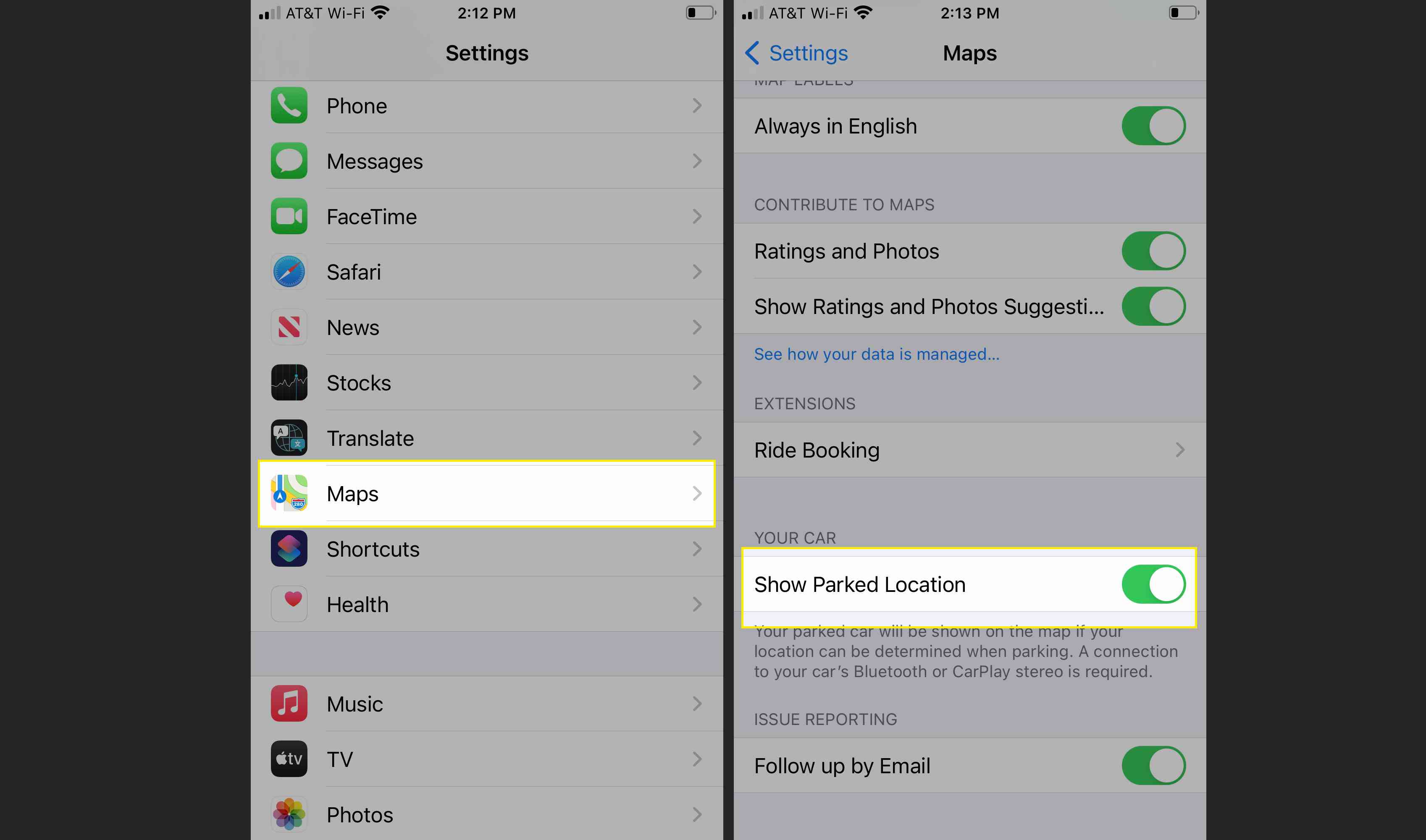 Apple Maps em configurações com Mostrar localização estacionada destacada