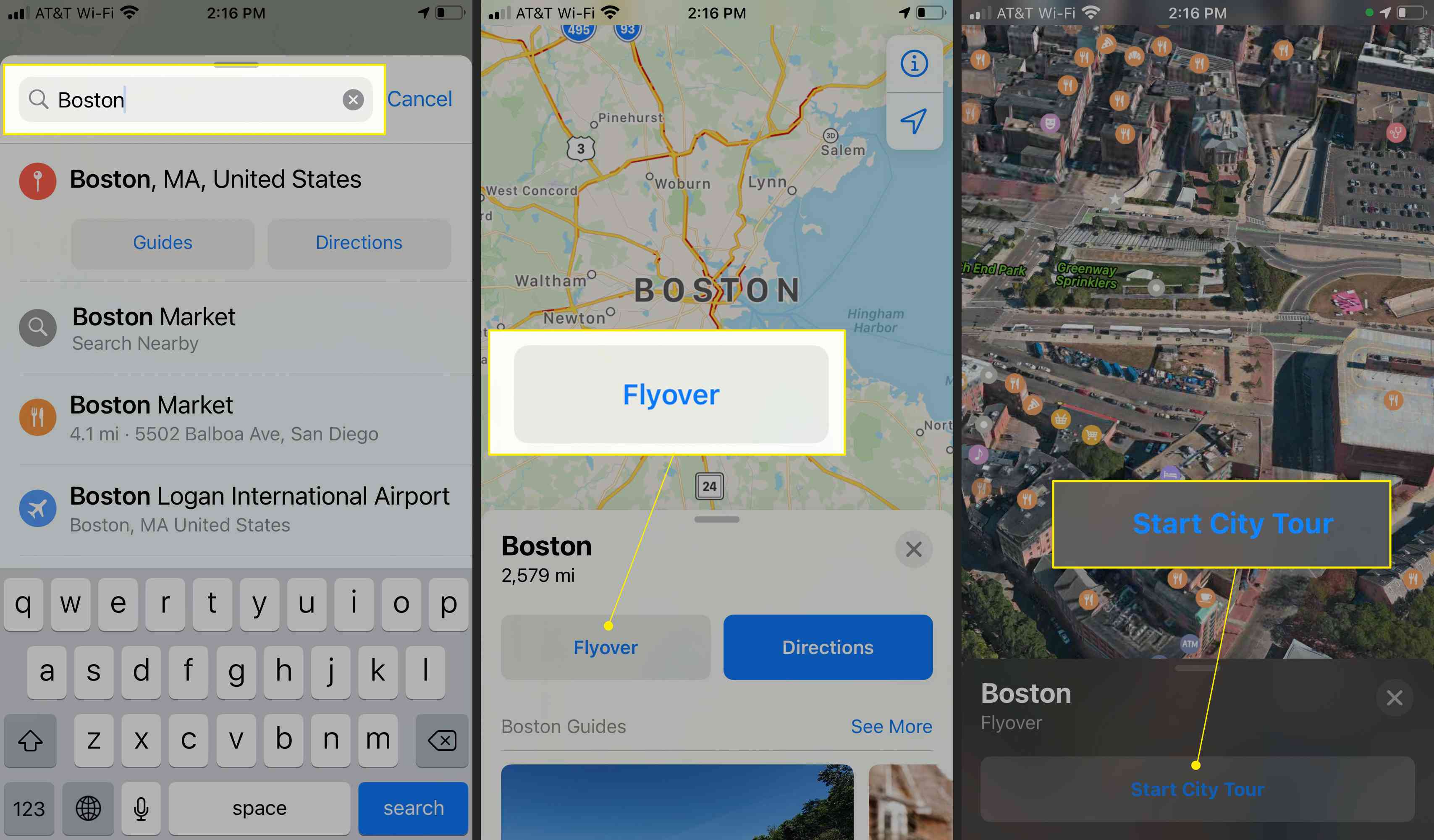Apple Maps com Boston City Flyover e Start City Tour em destaque