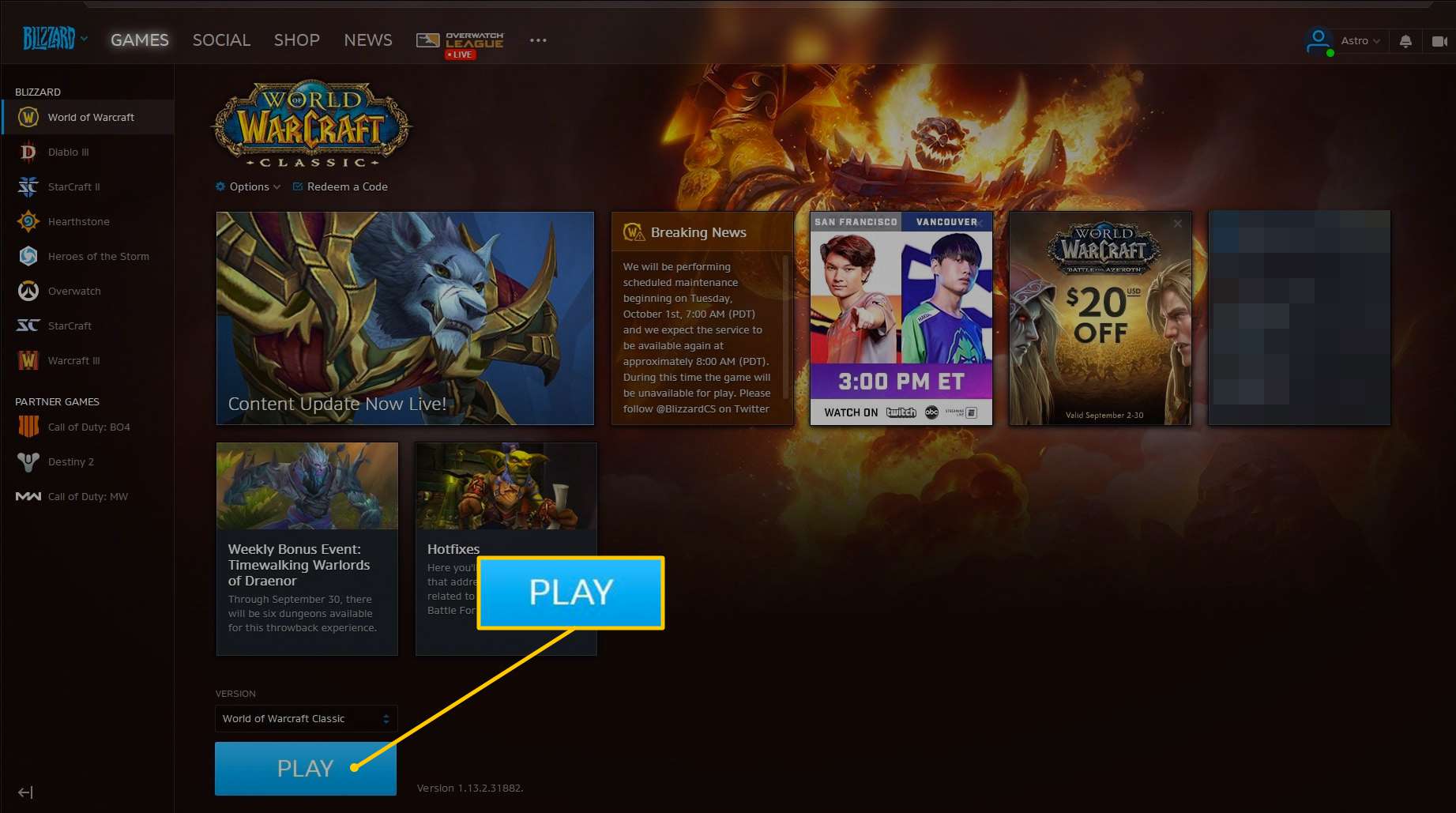 Botão Play para World of Warcraft Classic