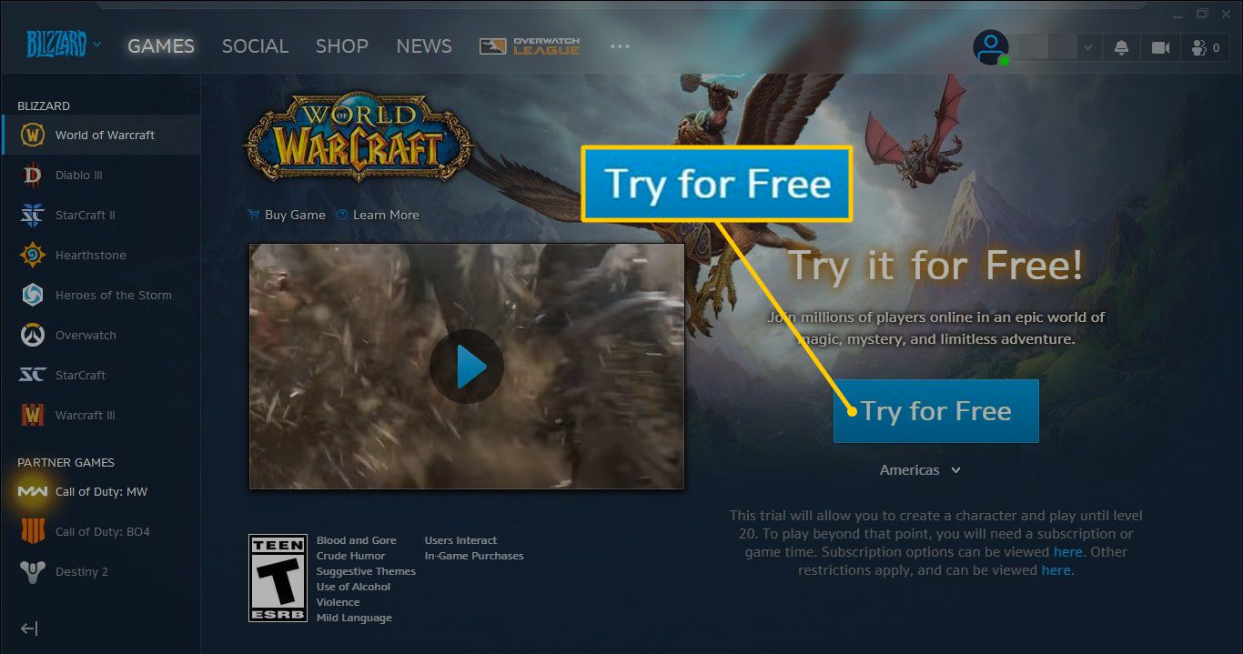 Experimente gratuitamente o botão World of Warcraft Classic