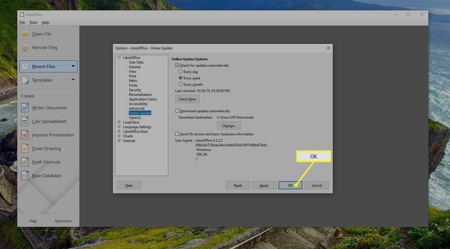 Tela de configurações de atualização do LibreOffice com OK destacado
