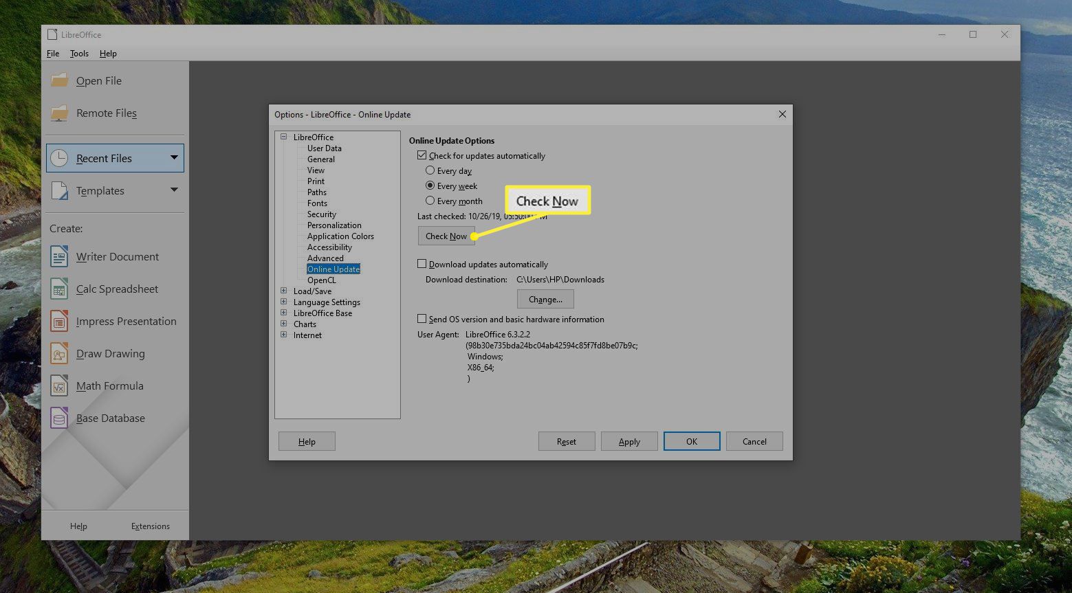 Opção Verificar agora do LibreOffice para atualizações online