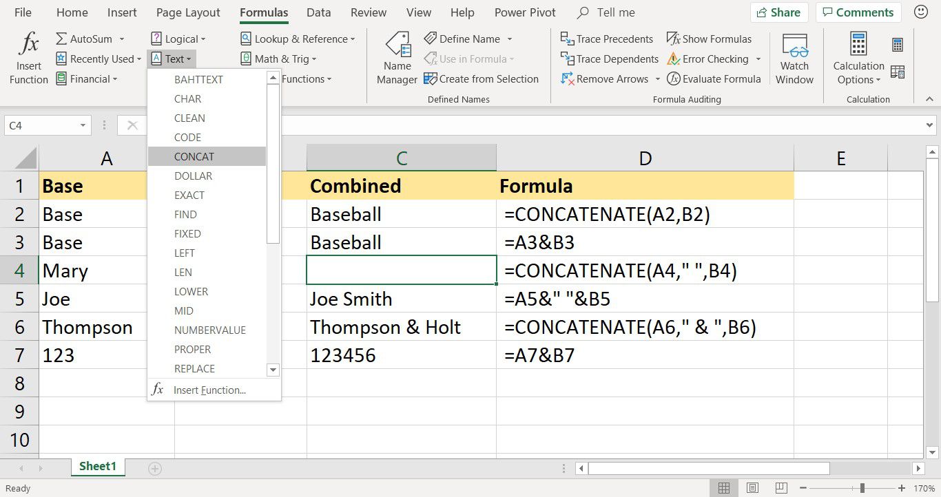 Uma captura de tela mostrando onde encontrar a função CONCATENAR no Excel