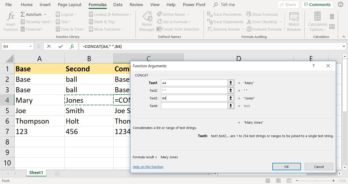 Uma captura de tela mostrando como criar uma função CONCATENAR usando a caixa de diálogo Argumentos da Função do Excel