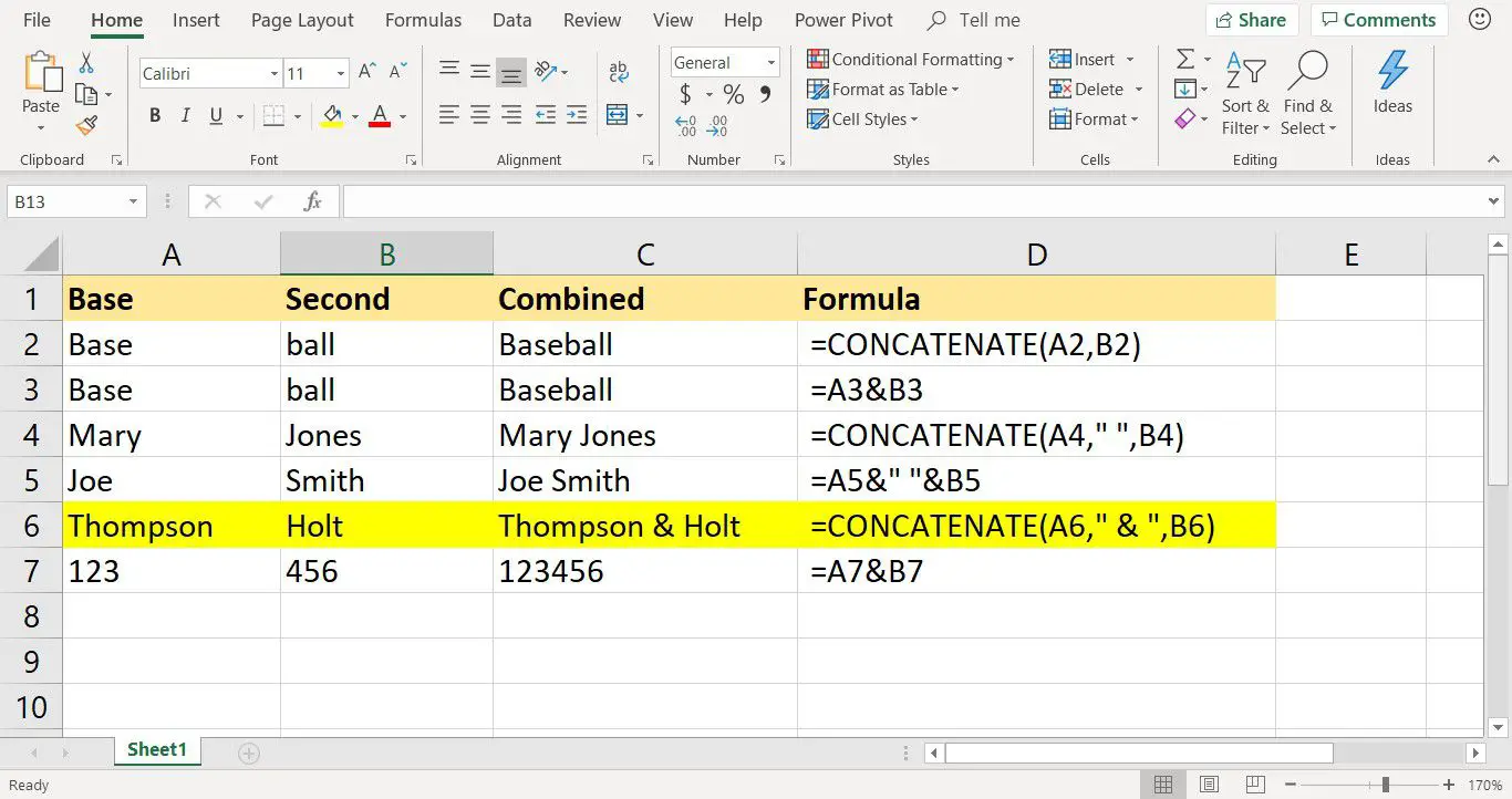 Captura de tela do Excel mostrando o uso da função concatenar com e comercial