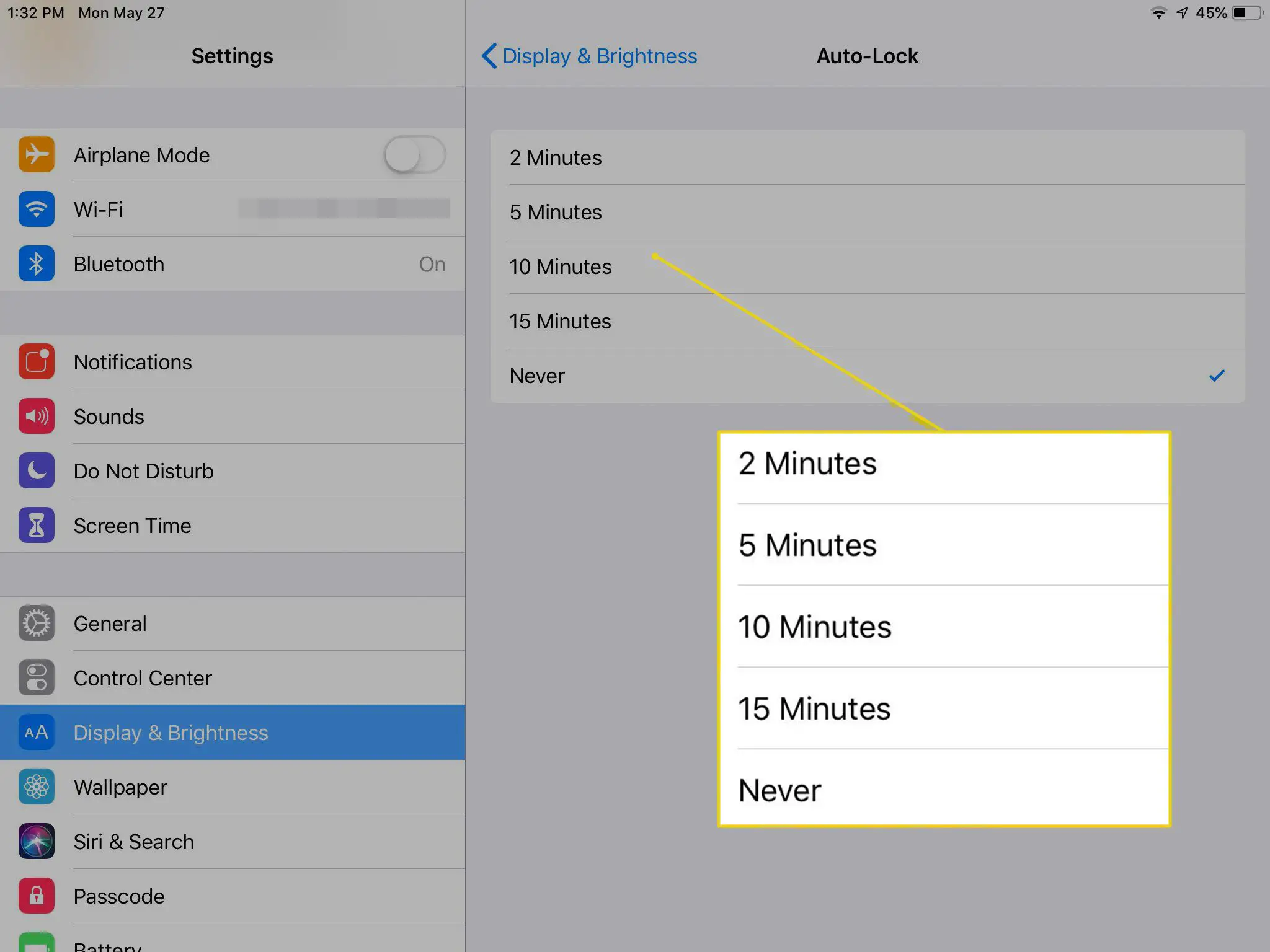 Configurações de tempo de bloqueio automático no iPad com horários destacados