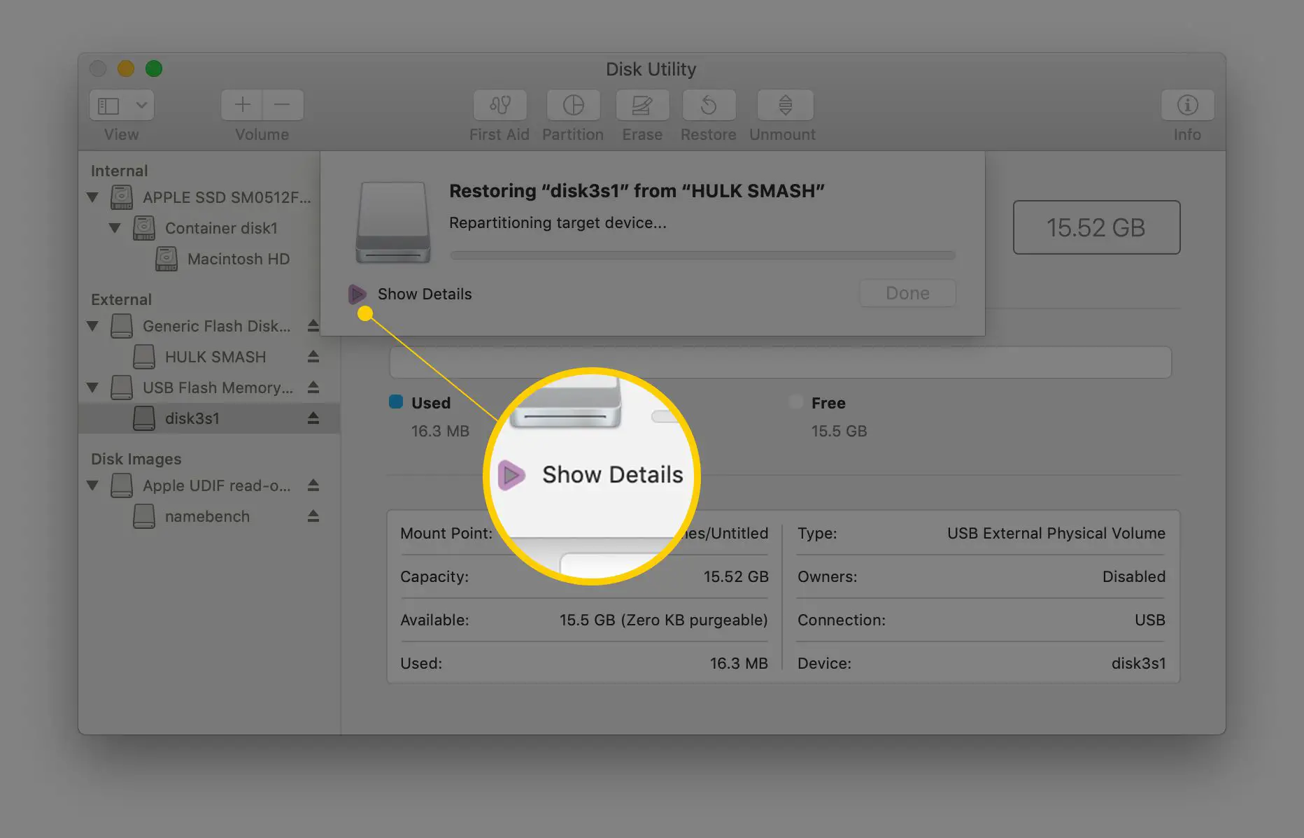 Botão Mostrar detalhes no processo de restauração no aplicativo Utilitário de disco do macOS