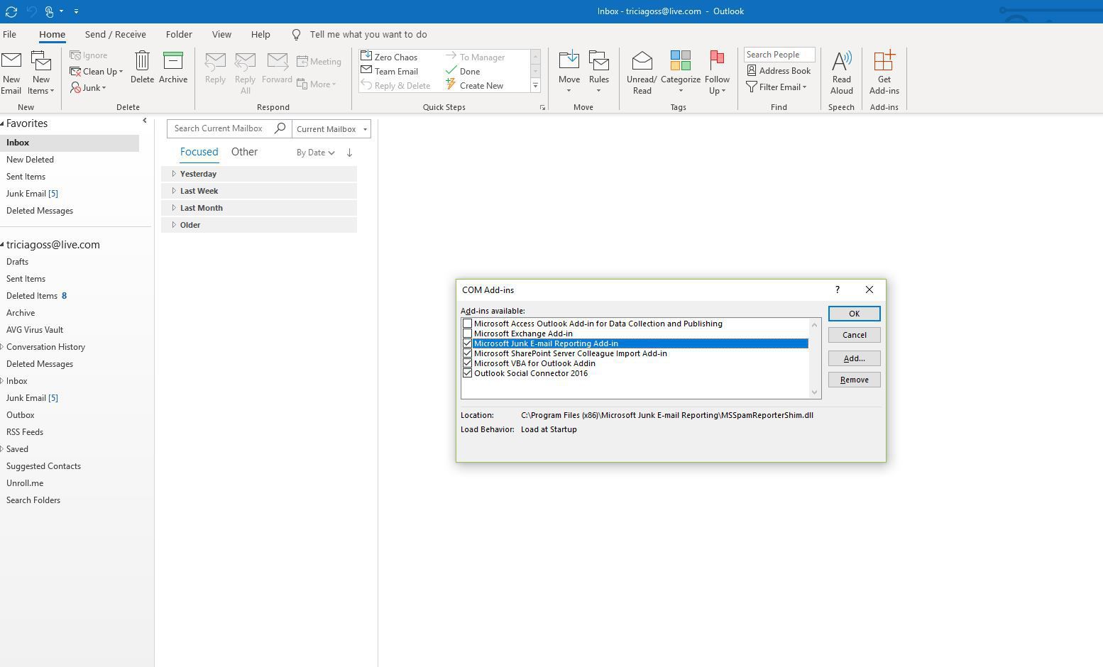 Captura de tela da caixa de seleção do Suplemento de relatórios de lixo eletrônico da Microsoft