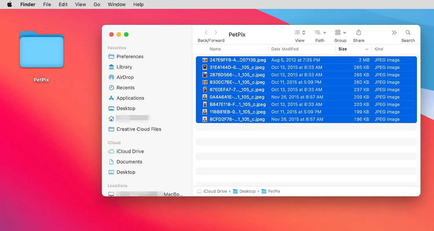 Uma seleção de todos os arquivos em uma pasta em um Mac