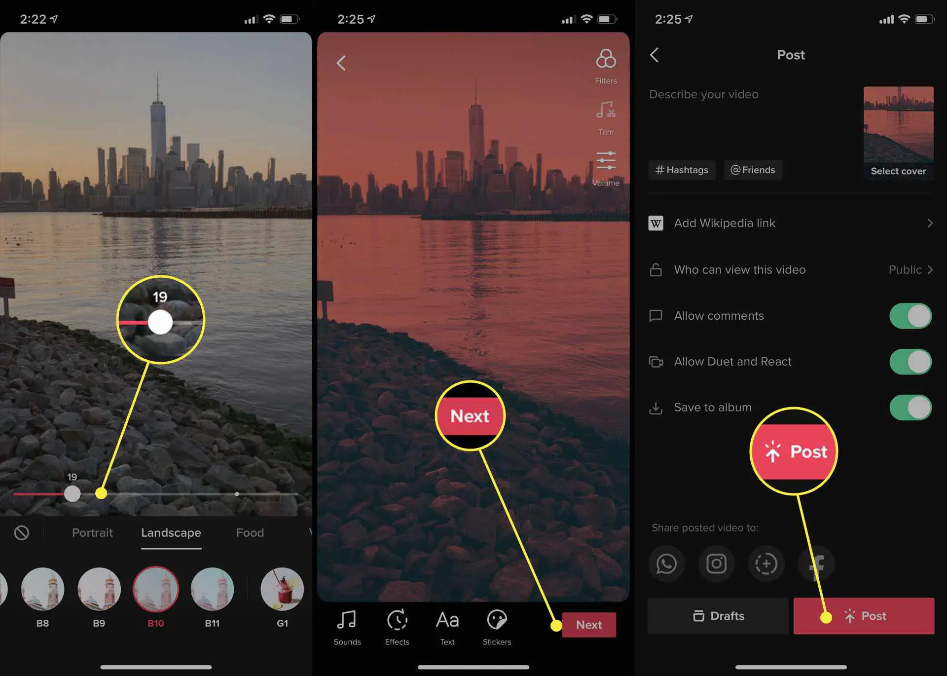 Adicionando filtros a vídeos TikTok no aplicativo para smartphone iPhone Tik Tok.