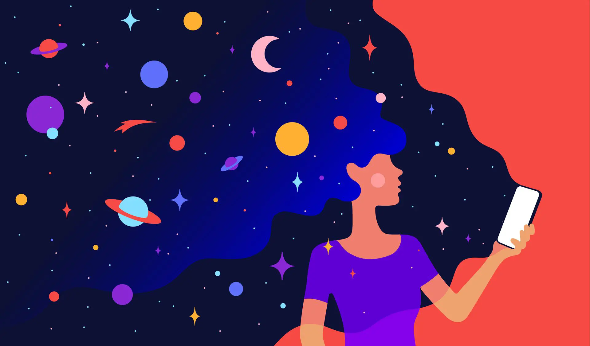 Desenho de uma mulher segurando seu smartphone com várias cores e desenhos de objetos planetários saindo dele.