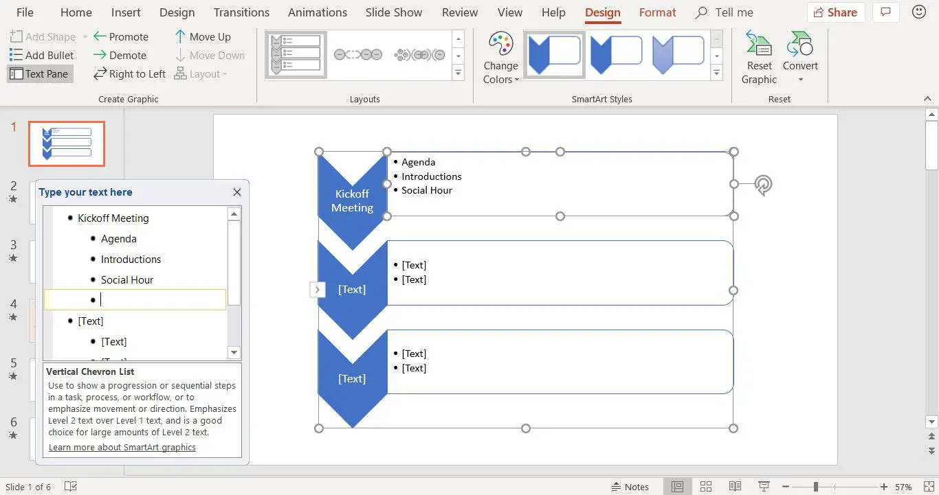 Uma captura de tela mostrando como adicionar texto a um gráfico SmartArt no PowerPoint