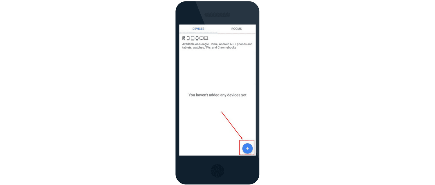 O app Google Assistente é aberto com o sinal de mais para adicionar novos dispositivos inteligentes.
