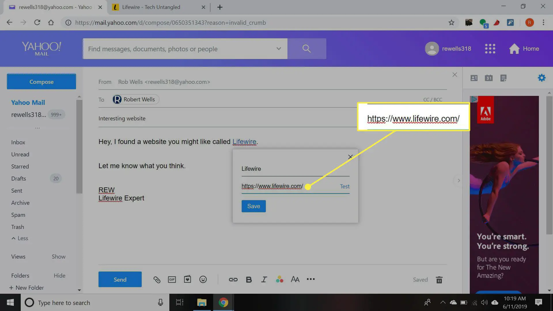 Uma captura de tela do Yahoo Mail "Adicionar Link" janela com um link destacado
