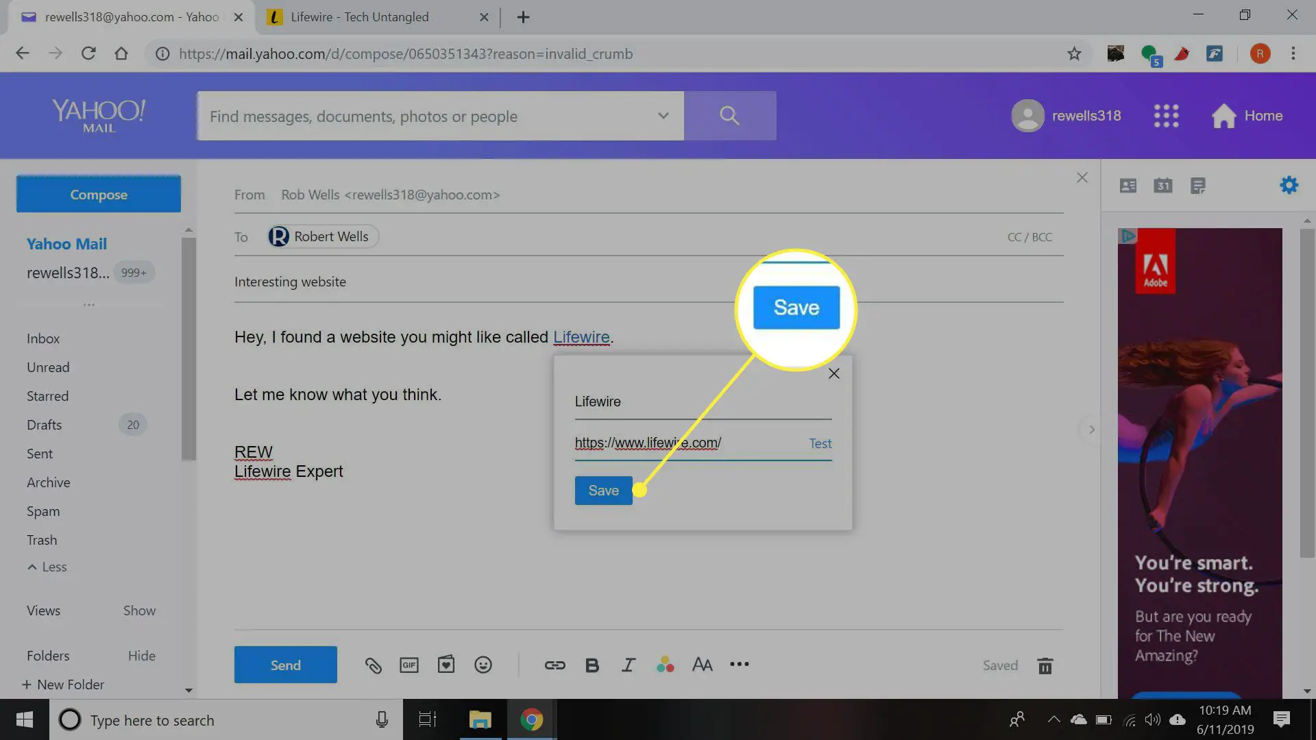 Uma captura de tela do Yahoo Mail "Adicionar Link" janela com o botão Salvar destacado