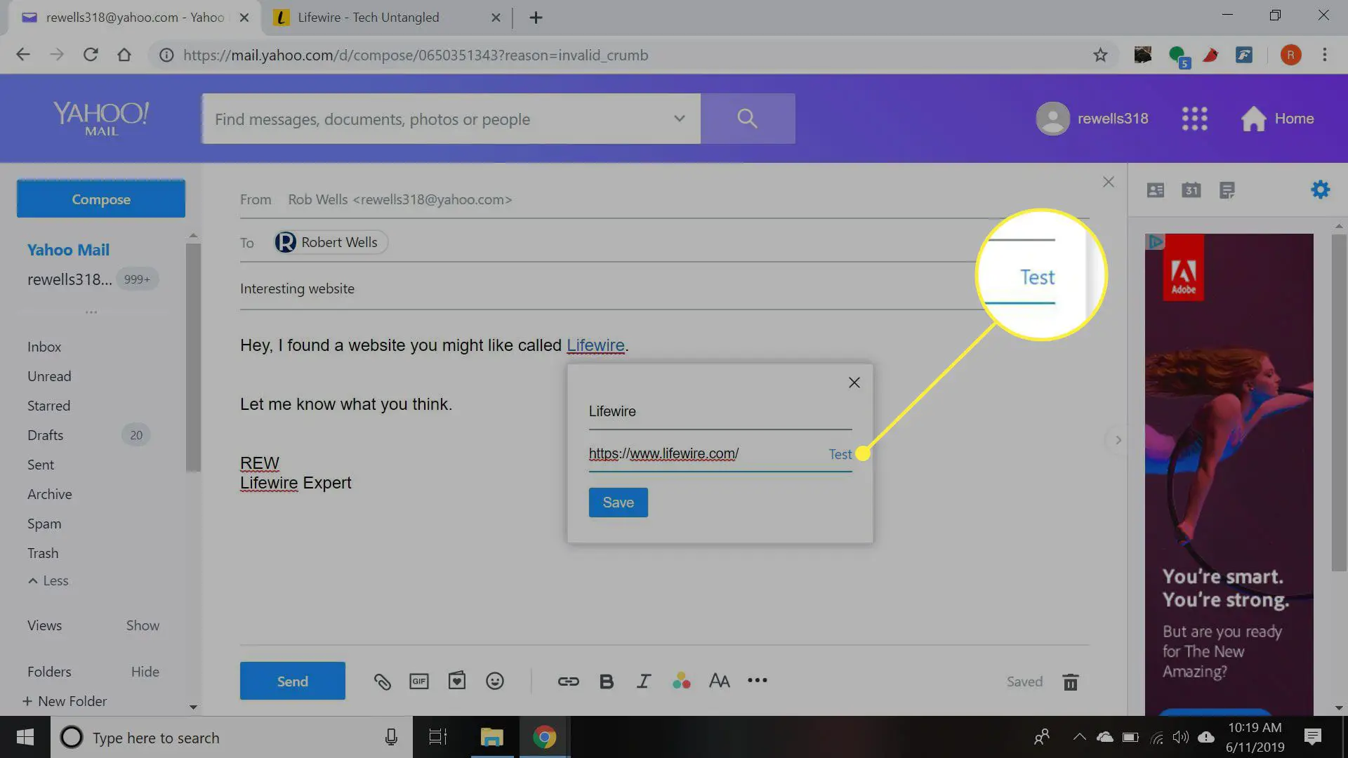 Uma captura de tela do Yahoo Mail "Adicionar Link" janela com o botão Teste destacado