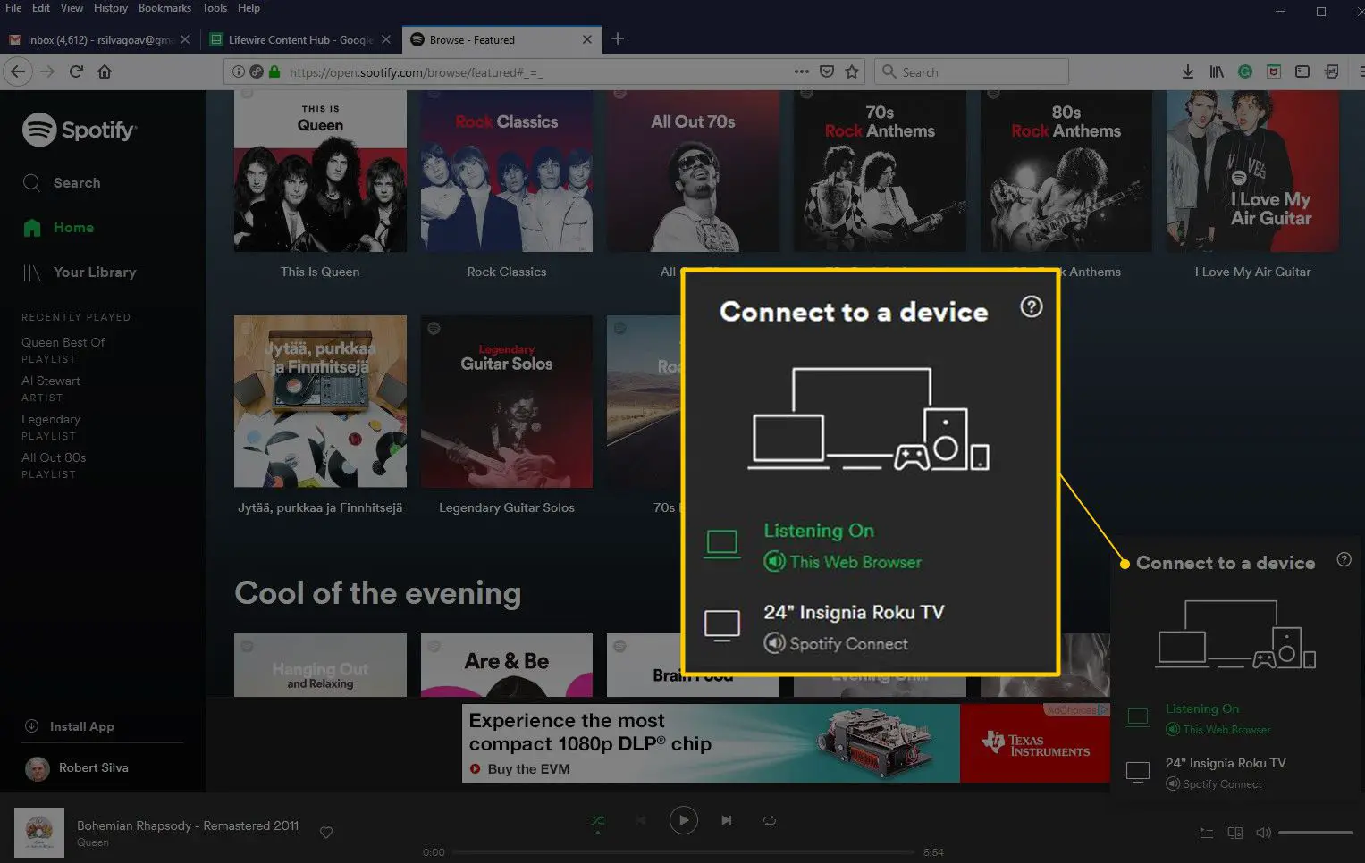 Diálogo Conectar-se a um dispositivo no Spotify Web Player
